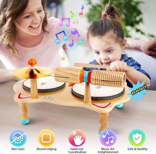 Toddler-Friendly Musical Drum Set: Safe Natural Wood Instruments for Kids - Picture 7 of 8