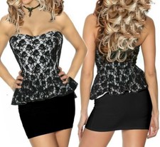 Sexy Women Bandeau Peplum Lace Mini Dress S 34 M 36 L 38 Black White