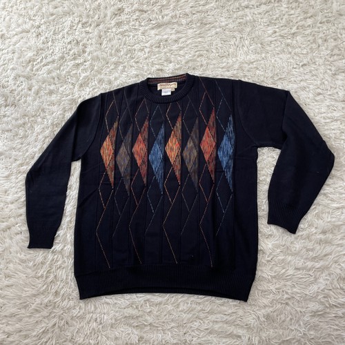 NORM THOMPSON Wool Sweater Men L Navy Blue Retro Argyle Colorful Geometric Knit - Picture 17 of 19
