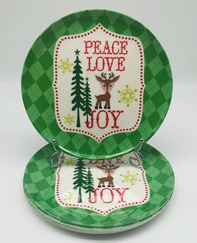 5 Piece Christmas Melamine Plates 8” Salad Appetizer Dinner “Peace Love Joy” A4 - Picture 1 of 6