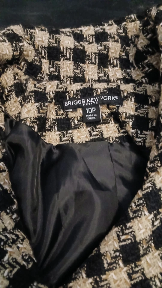 Jaqueta blazer de tweed feminina Briggs NY 10P pequena preta creme xadrez botão - Imagem 4 de 4