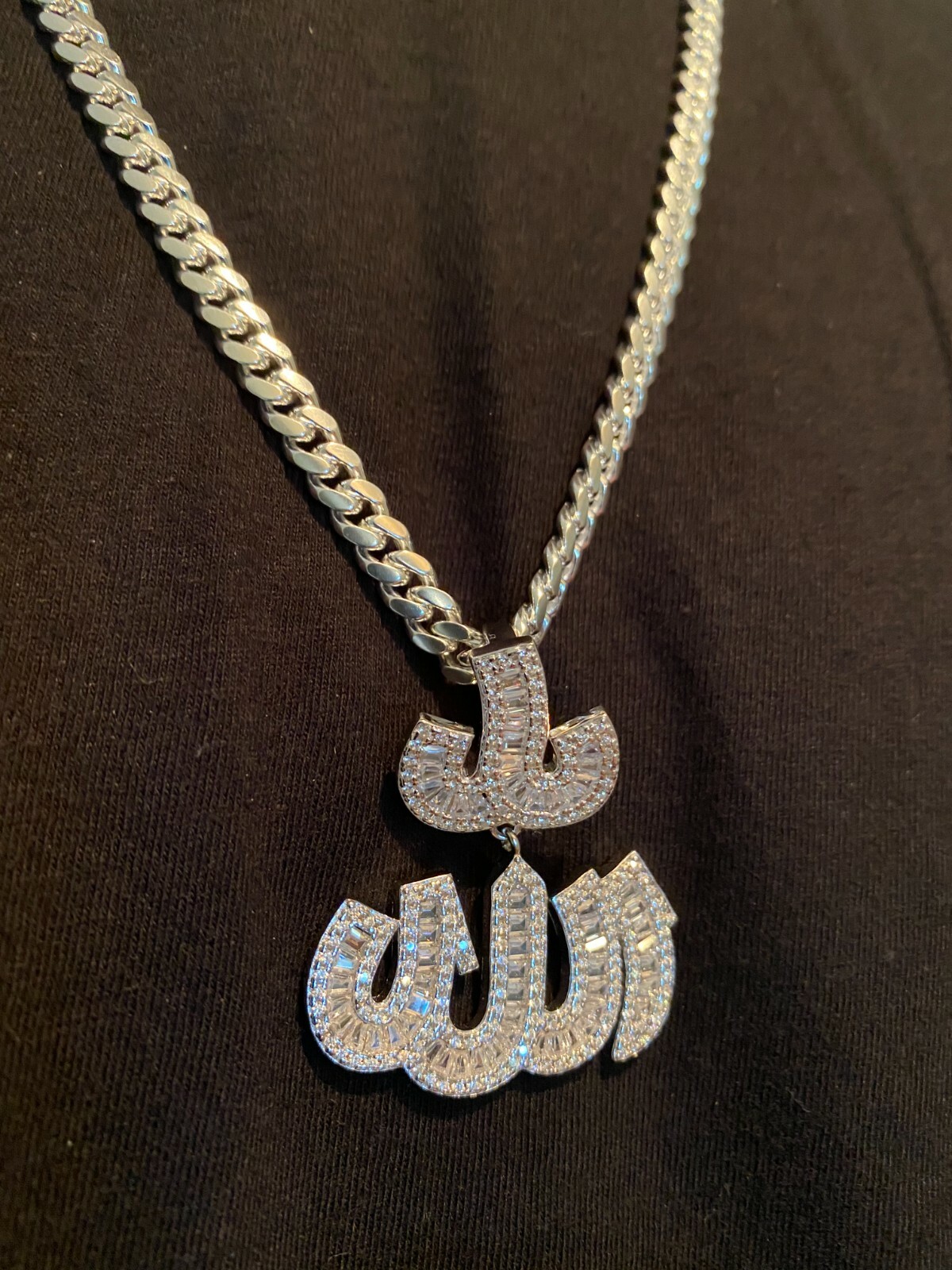 Real 925 Sterling Silver Iced Baguette Men Diamond Allah Arabic Pendant Necklace 3 miejsce ogólnie
