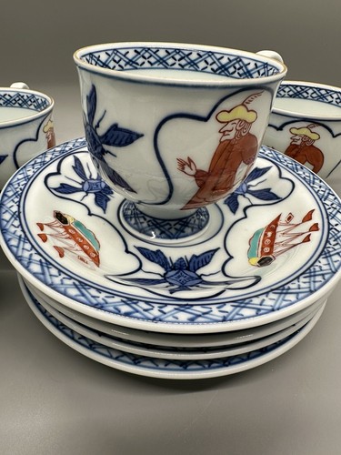 Set Of 4 Porcelain Tea Cups & Saucers Japan Colorful Maritime Red Boats - Picture 3 of 17