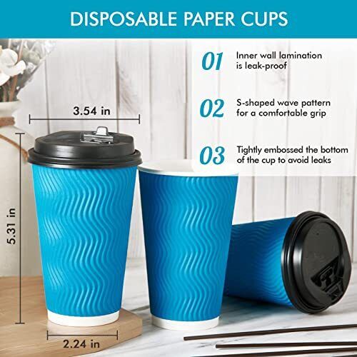16 Oz Coffee Cups With Lids And Straws 80 Count Insulated Ripple Wall Paper Hot - Picture 3 of 8