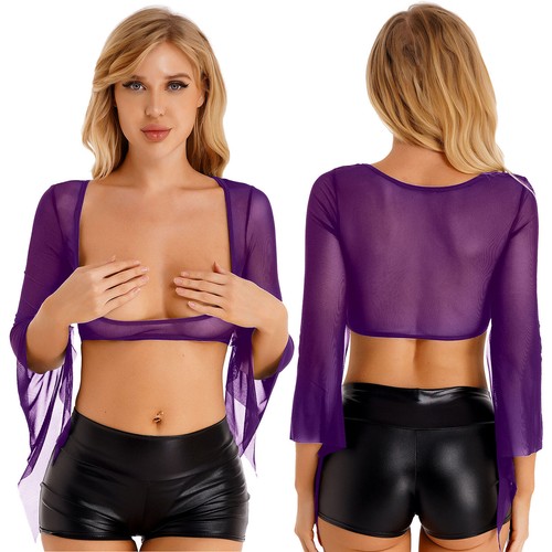 Sexy Womens Open Bust Sheer Mesh Crop Top See Through Belly Dance Tops Cover Ups - Picture 36 of 54