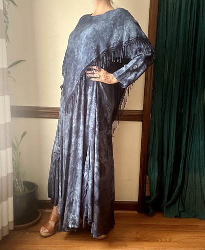 Vintage 90s Oversized Cotton Indigo Tie Dyed Caftan Crochet Shawl Maxi Dress M L - Picture 6 of 10