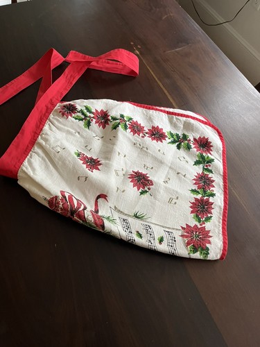 Vintage 50er Jahre Weihnachten Leinen Halbschürze, cremeweiß Leinen bedruckt Weihnachtsmotiv - Bild 3 von 5