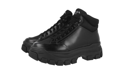 PRADA CHUNKY WINTER BOOTS SHOES MONOLITH BLACK LEATHER NEW US 12 EU 45 45,5