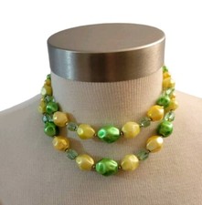 Vintage Japan Beaded Double Strand Necklace Yellow Green Goldtone