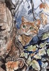 ACEO Original Art Card Hunting Cat Tree Animal Watercolor Hand Painting