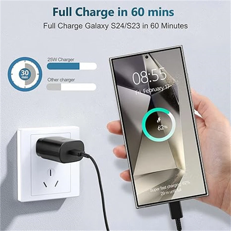 PD 25W Super Fast Wall Charger Type C USB-C Cable For Samsung Galaxy S22 S21 S20 - Image 3 of 4