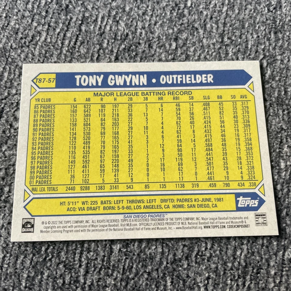 2022   1 - 1987 Topps Baseball 35th Anniversary Gold #T87-57 Tony Gwynn  - Image 2 of 2