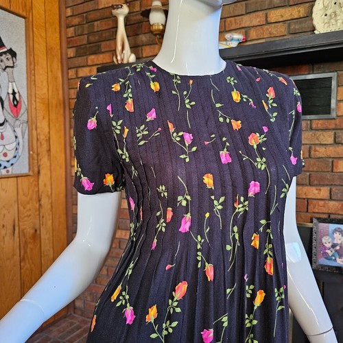 Vtg 90s Preppy Punk Reality Bites Tieback Empire Floral Rayon Midi Dress S/M - Picture 2 of 9