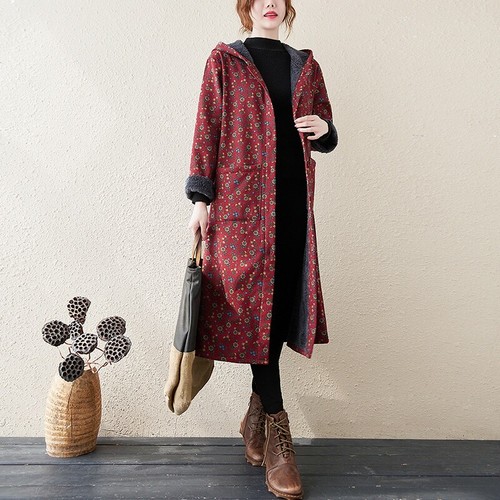 Japanese Women Fleece Lined Floral Jacket Thick Maxi Loose Plus Size Winter Coat - Picture 8 of 13