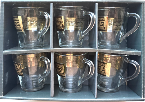 PROMSIZ Russian 6pcs Clear Glass Tea Mugs w/ Gold Greek Key Band Design Joseph S - Picture 3 of 11