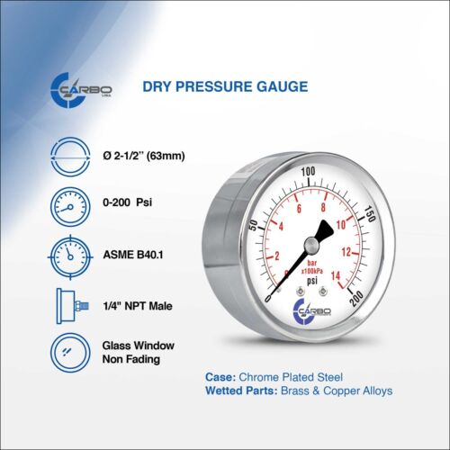 2-1/2" Pressure Gauge - Chrome Plate Steel Case, 1/4"NPT, Back Mnt. 200 PSI - Picture 2 of 6