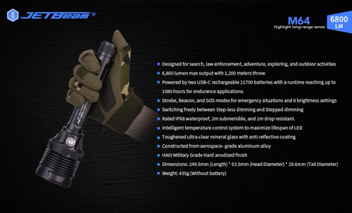 JETBeam Black 6800 Lumen Ultra Powerful Heavy Duty Tactical Flashlight - M64 - Picture 20 of 20
