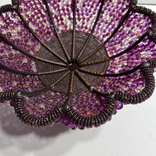 Vintage Handmade Metal Wire Purple Pink Beaded Pedestal Bowl Basket - Picture 13 of 20