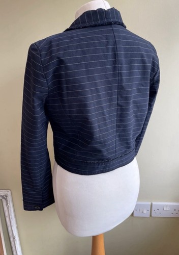 Marc Jacobs Navy Blue Striped Wool Blend Blazer Size 8 Cropped Button Up - Picture 6 of 13
