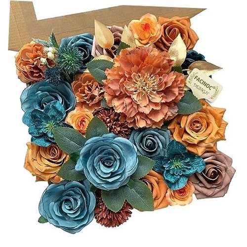 Roses Artificial Flowers Bouquet Box Set Fake Flower for DIY S (Orange, Teal)