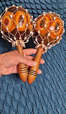 Handmade Wood Maracas Pair 2 with Beaded Net Shell Cover, 10 in