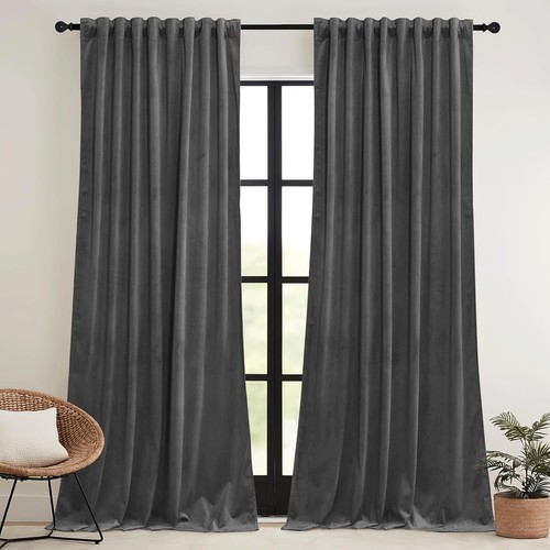 2-Pack Grey Velvet Drapes - 65%-85% Blackout Curtains for Cozy Living Spaces - Picture 4 of 10