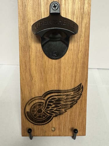 Detroit Red Wings Wall Bottle Opener Cherry Pine Wood Laser Engraved Magnet - Picture 3 of 4