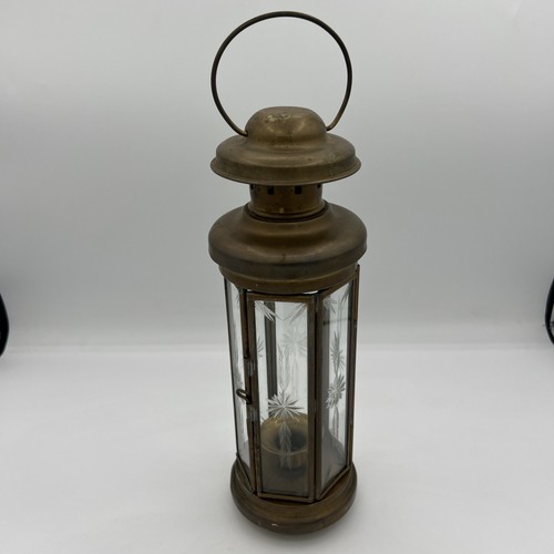 Vintage Messing Sechseck Kerzenlaterne Glas geätzte Platten - Bild 1 von 24