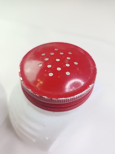 Mid Century Art Deco Milk Glass Red Metal Top Salt & Pepper Shakers - Picture 4 of 9