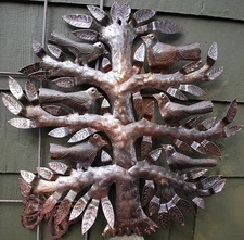 Vtg SIGNED Primitive FolkArt Metal TREE OF LIFE Sculpture JHONSON AUGUSTIN Haiti