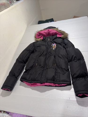 EE. UU. Polo Assn Niñas L Negro/Rosa Caliente Capucha Puffer Chaqueta Abrigo Acolchado Esquí - Imagen 9 de 22