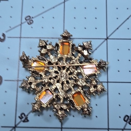 Vintage irisierende rosa + orange Strass 2" Blume Schneeflocke Brosche Anstecknadel - Bild 7 von 7