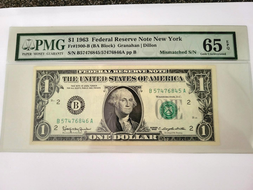 1963 $1 B- NEW YORK PMG 65 EPQ - Mismatched Serial Number - Error Note - 845/846 - Picture 5 of 6