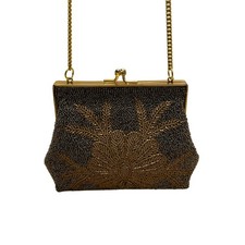 Vintage Women  s Gold  Black Beaded Chain Crossbody Strap Evening Clutch Bag