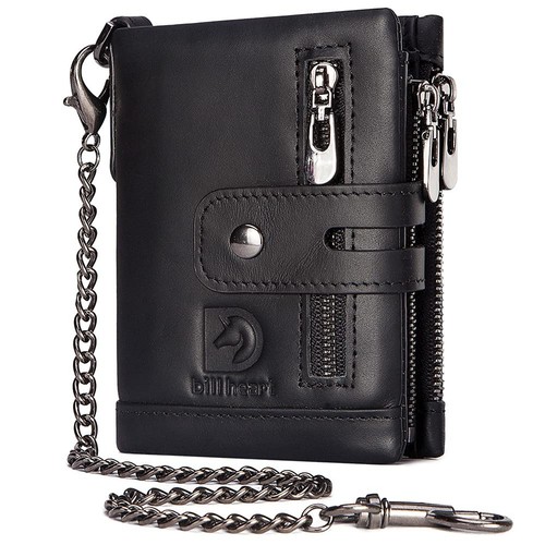 Mens Wallet with Chain Genuine Leather Purse RFID Blocking Bifold Double Zipp...