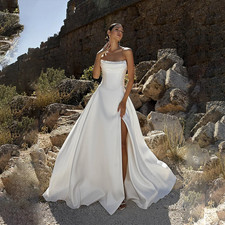 Elegant Wedding Dresses Strapless Satin A-Line High Slit Open Back Bridal Gowns