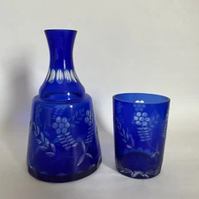 Vintage Bohemian Cobalt Cut To Clear Bedside Decanter/Carafe & Glass Tumble Up