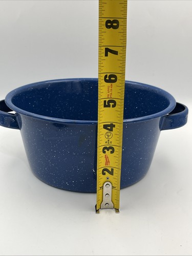 Vintage Blue And Speckled White Enamelware Handled 9”x4” Stockpot With Lid - Picture 9 of 10