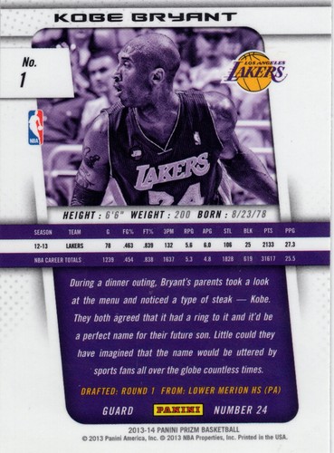 Panini Prizm Kobe Bryant #1 2013-14 - Imagen 2 de 2