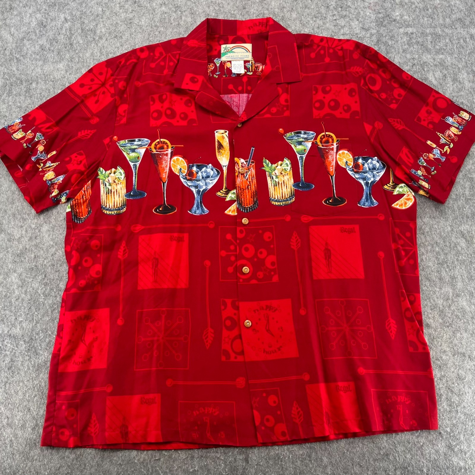 Vintage Paradise Found Martini Cocktail Happy Hour Hawaiian Rayon Shirt Mens XL