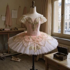 Peach Ombre Ballet Tutu Professional Gold Applique Pancake Skirt Made to Measure