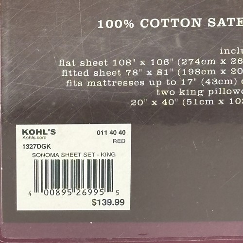 Sonoma King Sheet Set 400 Thread Count Red 100% Cotton Sateen New Bedding - Picture 3 of 6