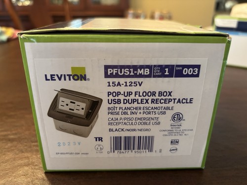 Leviton Pop-Up Bodenbox Dual Typ A USB, 15A-125V Steckdose, schwarz PFUS1-MB - Bild 1 von 3