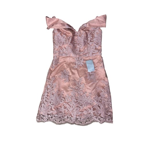 Chi Chi London NWT Jameela Off the Shoulder Embroidered Pink Satin Mini Dress 8 - Picture 7 of 8