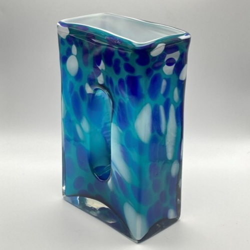 Vtg Murano Rectangle Blue Vase Large 10” Cased Art Glass Donut Hole Dual-Chamber - Picture 8 of 24