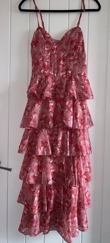 Boohoo Women’s Pink Chiffon Floral Tiered Strappy MIDI Dress Size 12 - Picture 2 of 6