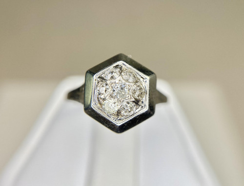 Vintage Art Deco 18k White Gold Old European Natural Diamond Cluster Ring - Picture 3 of 8