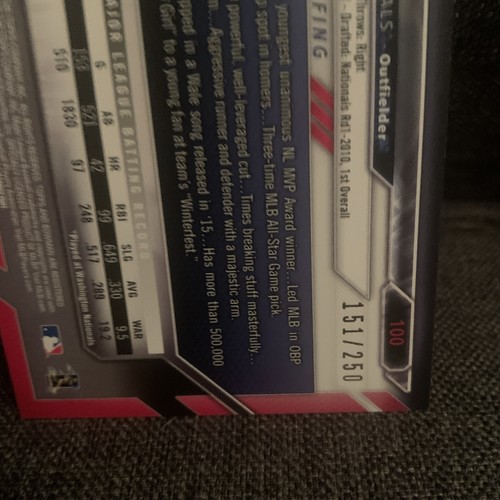 2016 Bowman Purple Border Numbered  151/250 Bryce Harper #100 - Picture 3 of 3