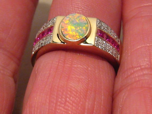 Herren Opal Ring mit Diamant und Rubin, massiv 14 Karat Gelbgold - Bild 9 von 12