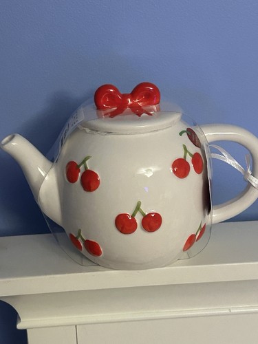 Red Bow & Cherries Teapot Market MRKT Finds Coquette New - Picture 2 of 5
